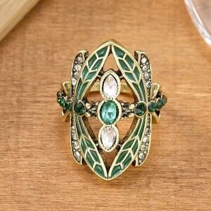 Art Deco Style Dragonfly Statement Ring Green Enamel Zircon Gold Tone Size 6